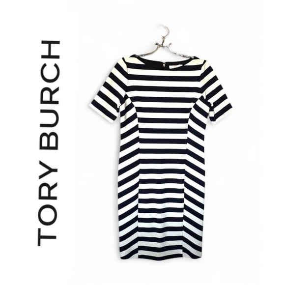 Tory Burch Augusta Blue and White Striped Short-Sleeve Sheath Dress Size L - Picture 3 of 14